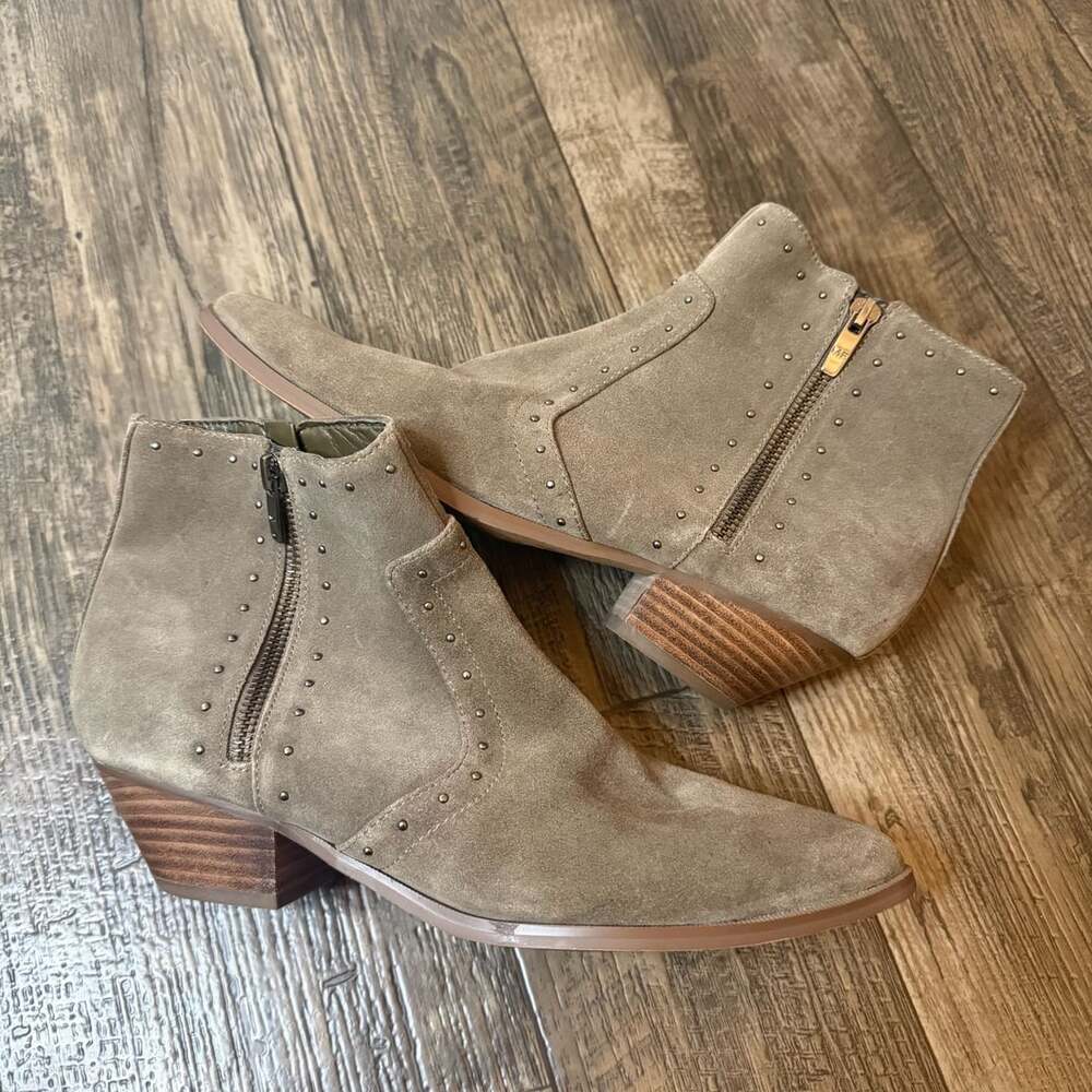 Marc Fisher Wanida Studded Heeled Ankle Booties Taupe Suede Size 8.5